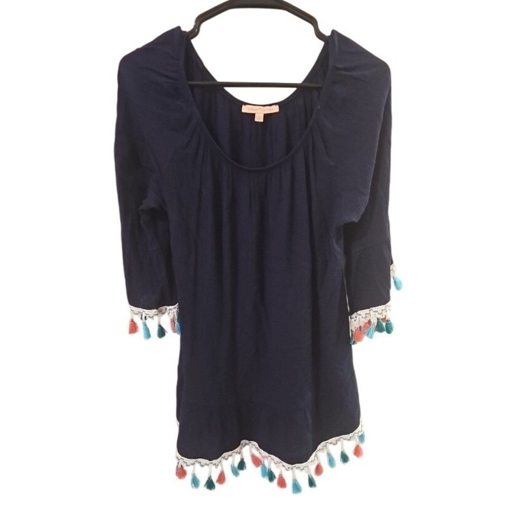 Gibson Latimer Navy Blue Rayon Tassel Trim Boho Dress Top Size Large